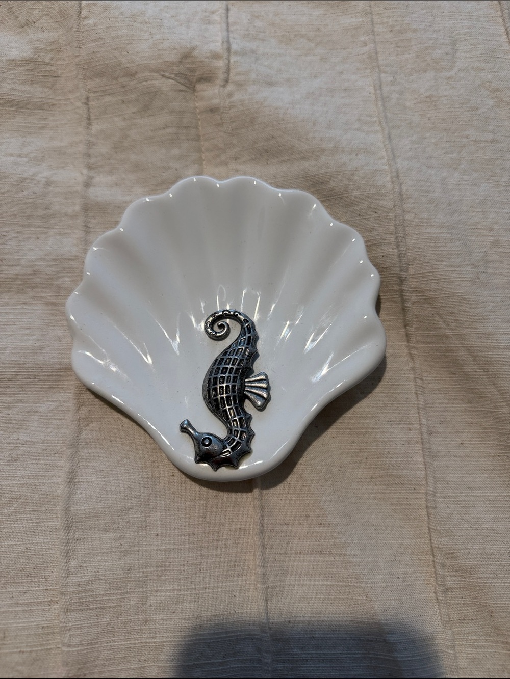 White Ceramic Shell Jewelry Dish with Silver Seahorse Accent